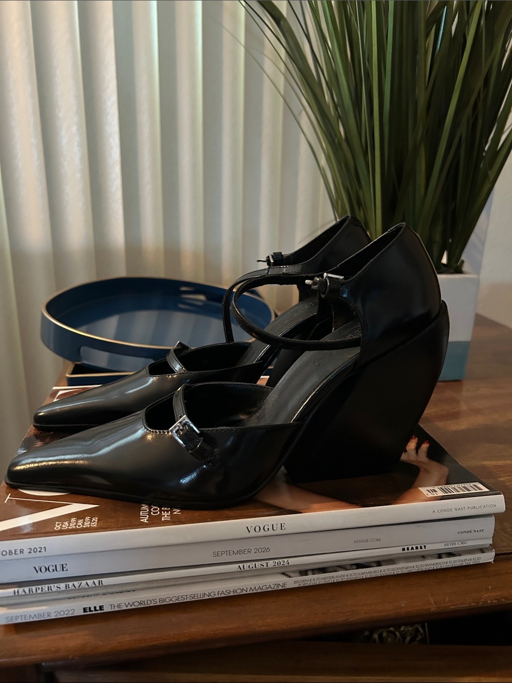 Mango Black Leather sculpted heel Mary Jane Style Ankle-Strap Pumps